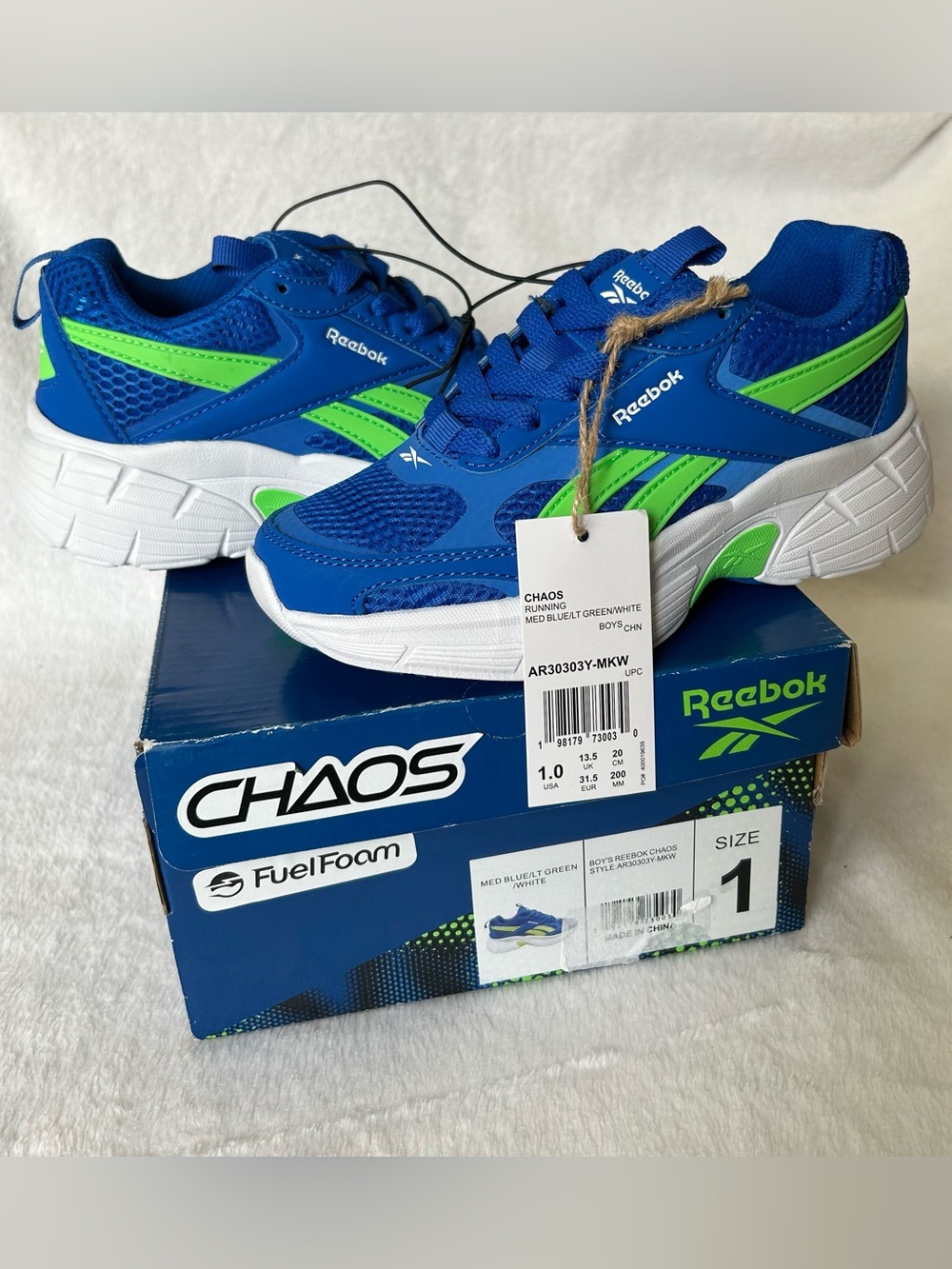 Reebok Chaos Sneakers Kids Blue with Neon Green Accents Comfort Tennis Shoe Sz 1